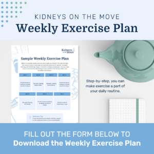 image shows a sheet of paper of a weekly exercise plan with a tea pot and planner next to it.