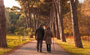 elderly couple walking