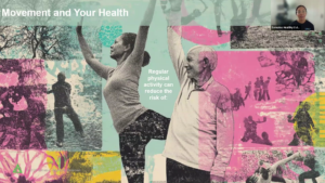 Colorful stylized illustration of older-aged adults exercising