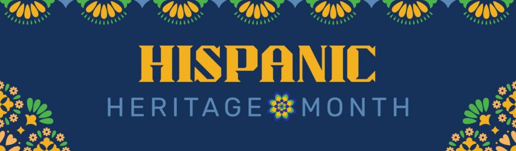 Hispanic Heritage Month banner with flowers and colorful designs, with a dark blue background
